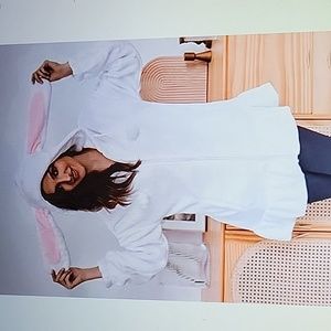 LANLIUM COSPLAY White Bunny Ears Hoodie Flannel Zipper Jacket Rabbit sz XL New